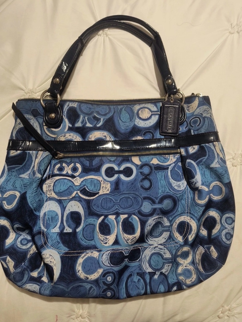 Coach Blue / Navy / Denim Patterned Signature C Poppy Glam soft sided purse tote